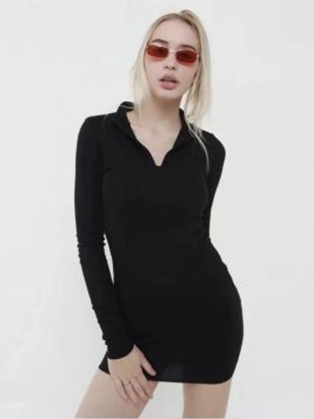 Zara Black Long-Sleeve V-Neck Ribbed Polo Dress